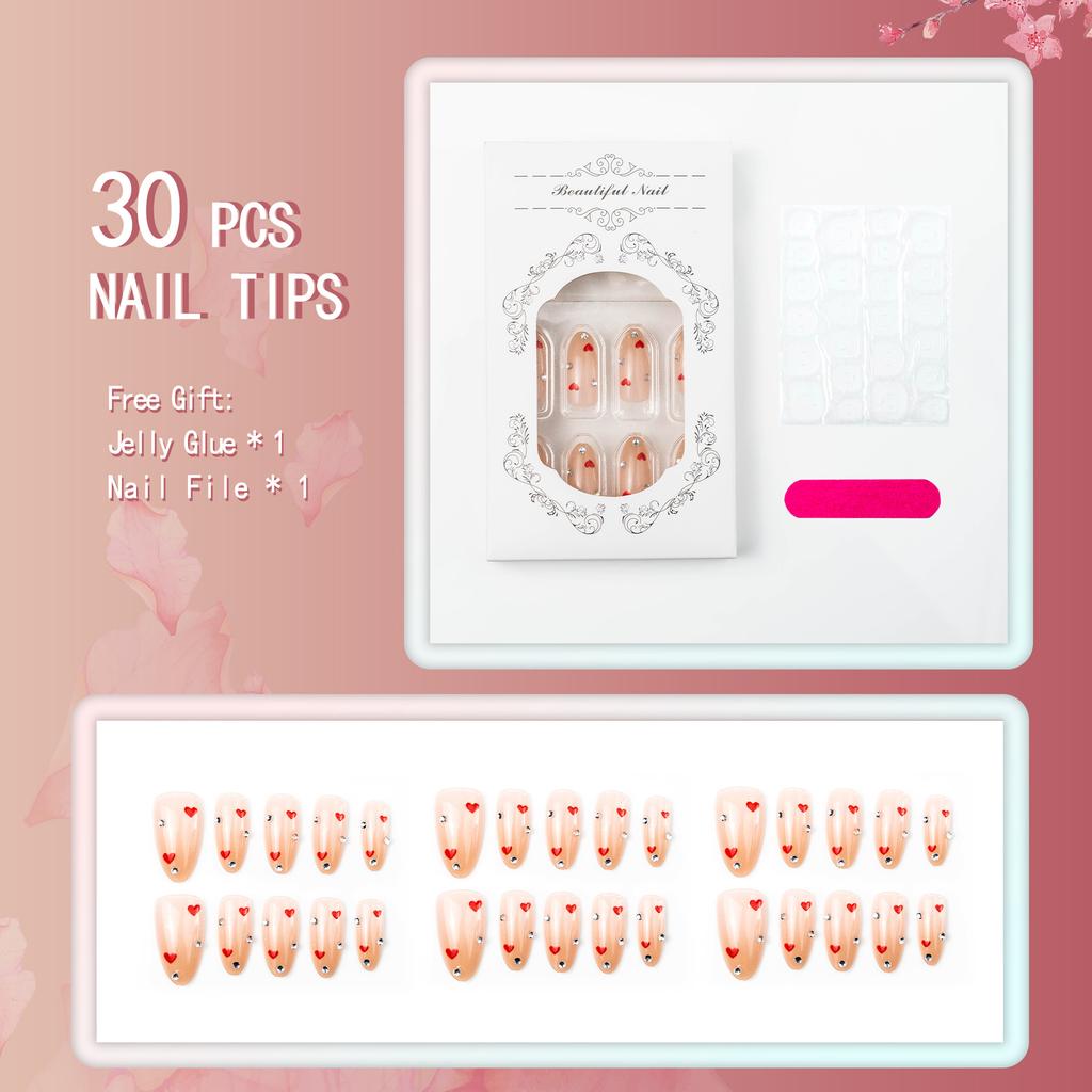 30 pieces of hot selling sweet simple love wearable nail high-end handmade dot diamond cute nail art nail pieces