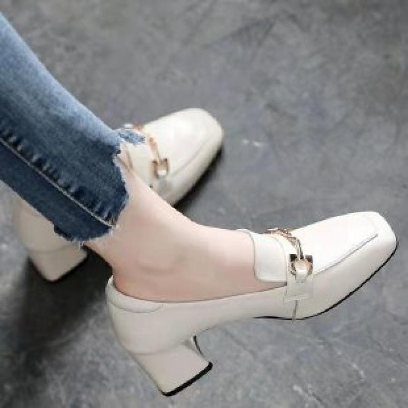 2026 spring and autumn soft leather women's thick heel buckle small leather shoes medium heel fashion versatile comfortable single shoes women