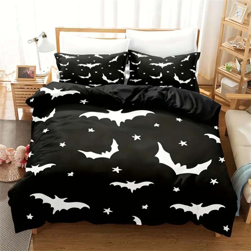 Soft & Breathable Halloween Bat Theme 3-Piece Duvet Set - All-Season Comfort with Easy Zipper Closure and Durable Woven Fabric