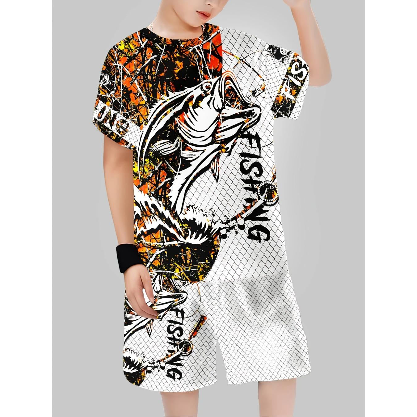 

Комплект из футболки с 3D-печатью и шорт для мальчика - Яркий дизайн с рыбами, короткий рукав, обычная посадка, летний 5-6Y