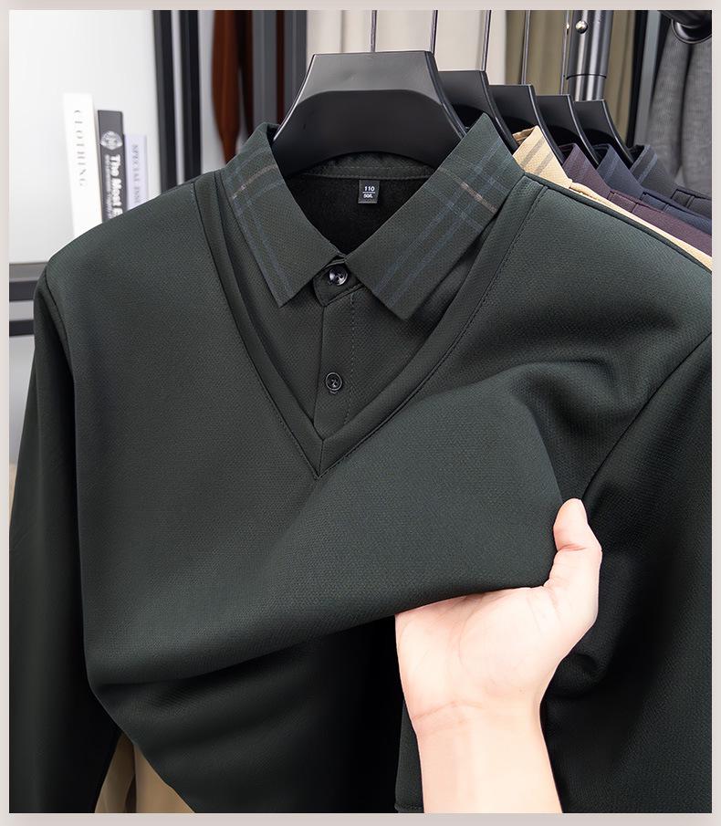 Men's Winter Thickened Velvet Two-Piece Faux Layered POLO Shirt with Warm Lapel - Long Sleeve for Middle-Aged Dad