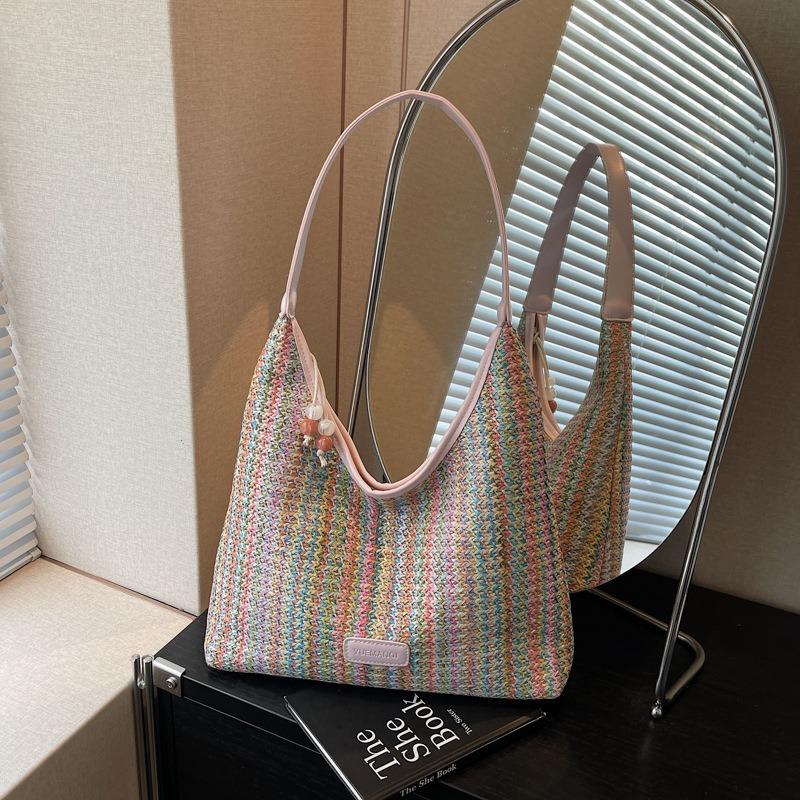 

Соломенная сумка женская весна-лето новая модная вместительная сумка на плечо пляжная сумка для отпуска тренд розовый