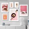 Pink Food Drink Poster Coffee Cake Cookie Macarons Croissant Canvas Painting Wall Art Pictures Kitchen Cafe Home Decor Aesthetic