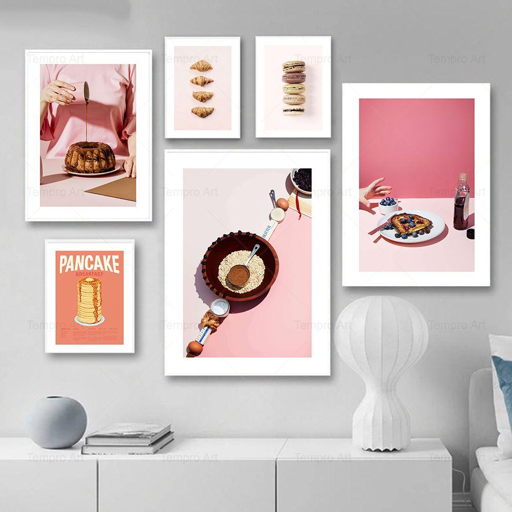 Pink Food Drink Poster Coffee Cake Cookie Macarons Croissant Canvas Painting Wall Art Pictures Kitchen Cafe Home Decor Aesthetic