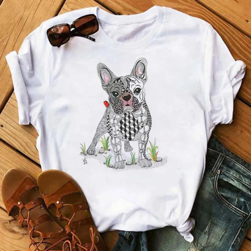 Fun Cute French Bulldog T-shirts Animal Harajuku Print Pattern Short Sleeves  Pure Cotton Women's T-shirts