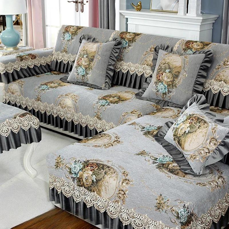 Tapete de sofá de chenille de luxo estilo europeu, tecido com flores grandes, almofada de assento antiderrapante, capa de sofá de madeira maciça de inverno com cobertura total