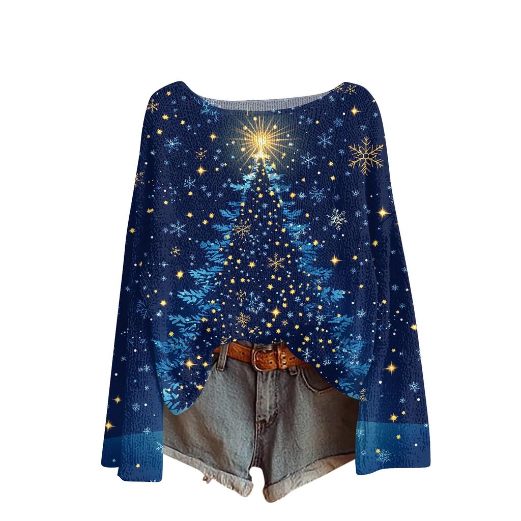 Women's Fashion Round Neck Long Sleeve Christmas Print Casual Pullover Sweater Top