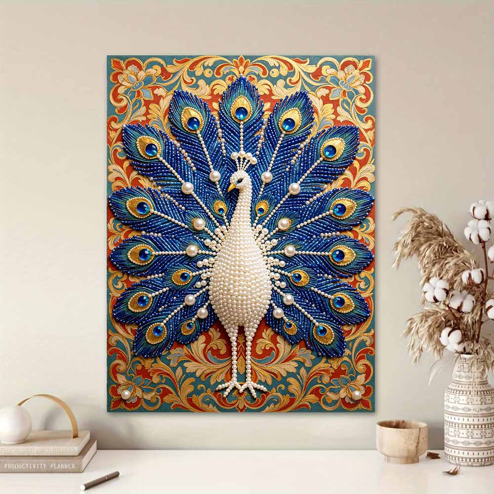 DIY Pearl Gem Elegant White Peacock Shining Bead Craft Art Home Wall Ornament Simple Unframed Room Decoration Art Modern Exquisite Mural Decor