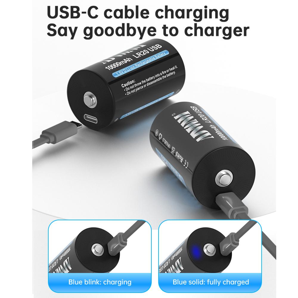 10000mAh 1.5V D-size Battery Type - C USB Rechargeable Li-ion Lipo LR20 Gas Furnace Boiler Water Heater