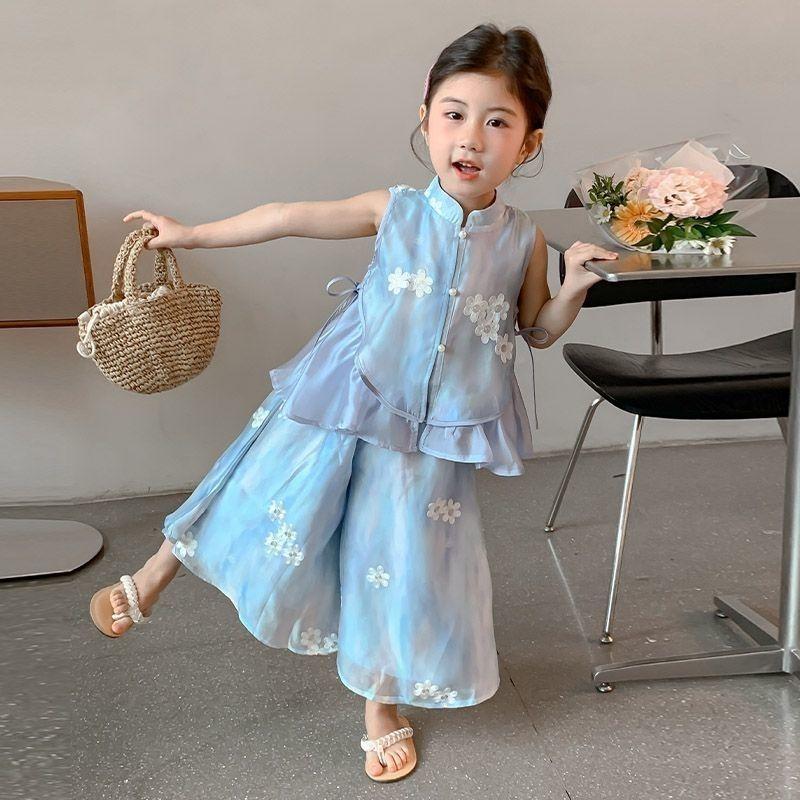 Summer Girls' Set with Embroidered Flower and Nine Fen Mosquito Resistant Wide Leg Pants