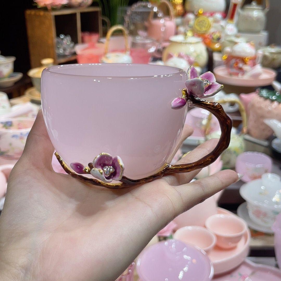 

Чашки для кави, чашка для чаю з цвітом сливи, ємність 150 мл, рожеве скло великої ємності, кавовий посуд для сніданку