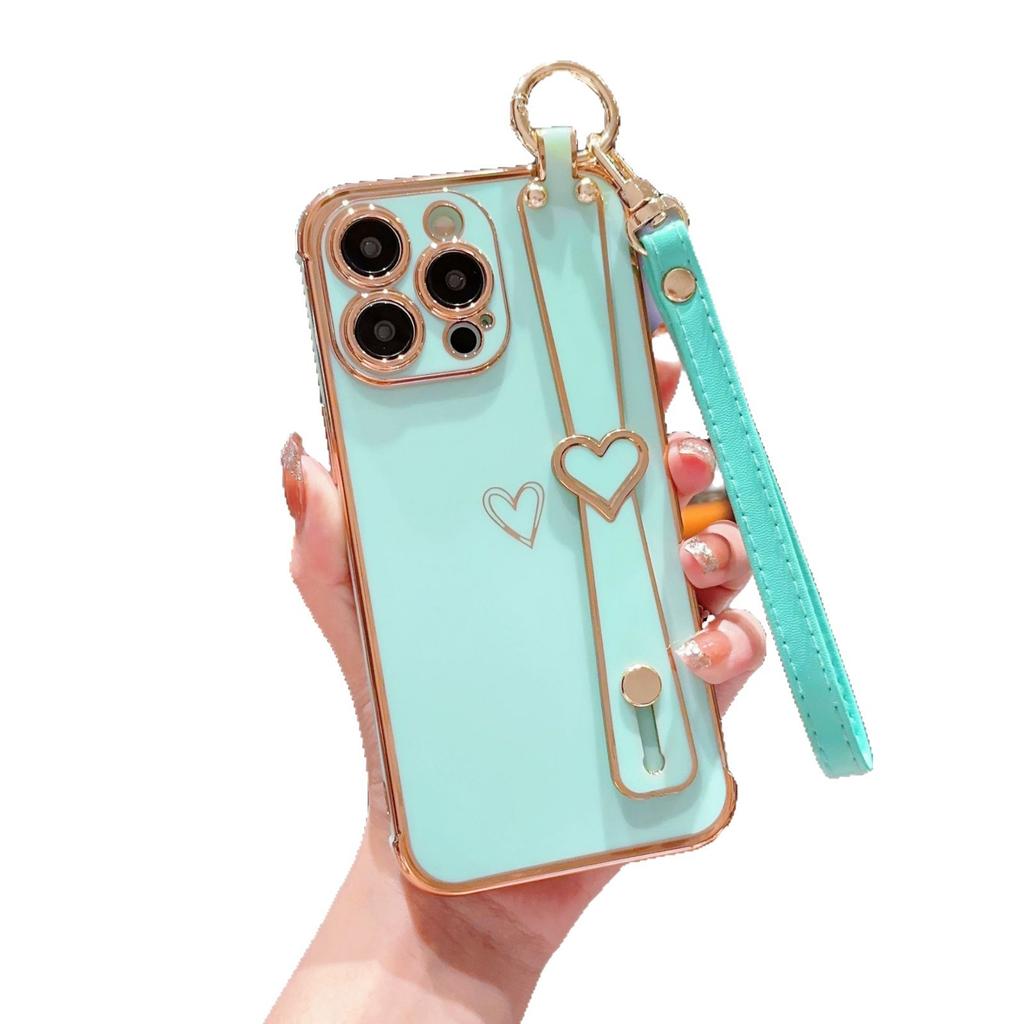 Electroplated Love Heart for IPhone16 Promax Wristband Holder for Apple 15 Simple Protective Case with Lanyard