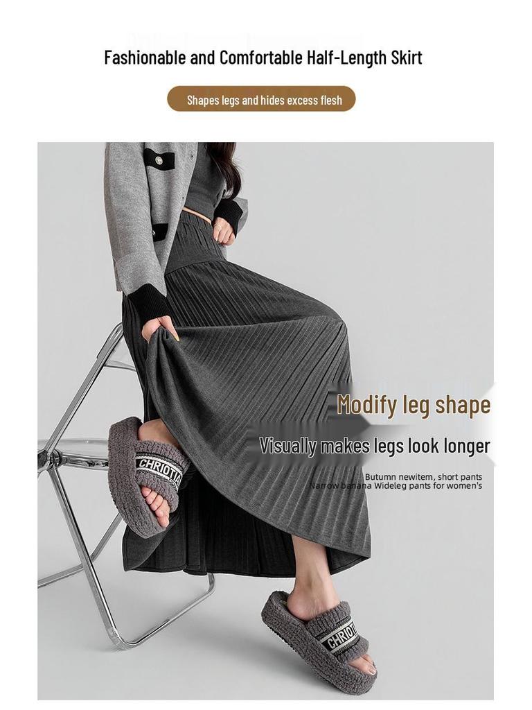 Korean Style Woolen Pleated A-line Skirt: High Waist, Hip-Covering, Draped Half Skirt for Women, Autumn/Winter Fashion.