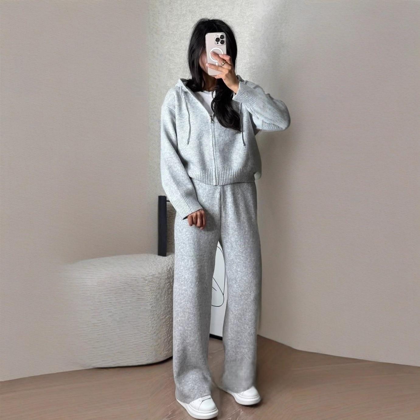 American Women s Fashion: 2025 Autumn New Hooded Outerwear Loose Knit Sweater Zip-up Sweater XS