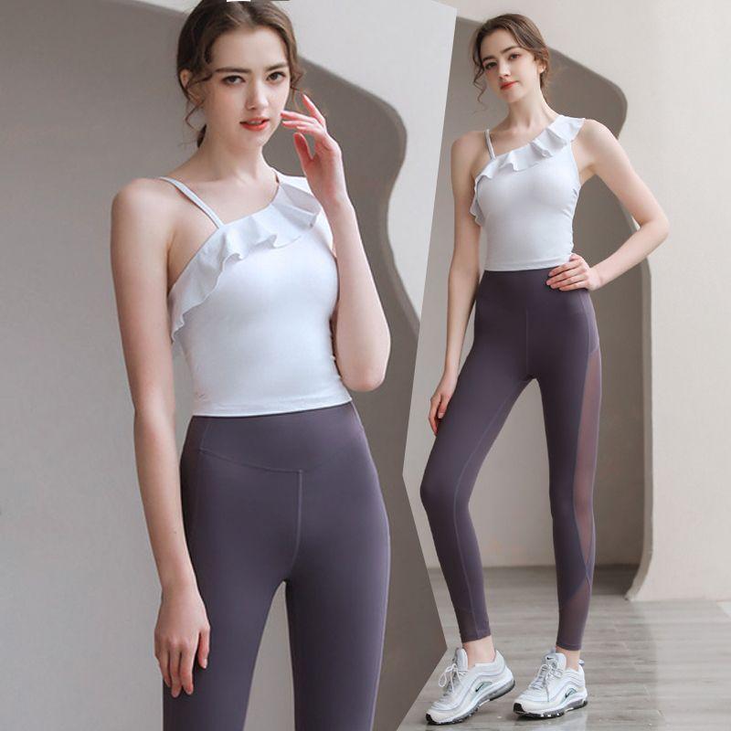 Spaghetti-Strap Ruffle Yoga Clothing Top Sexy Cropped Women's Summer Yoga Short Sleeve Nude Feel Tank Top Tights