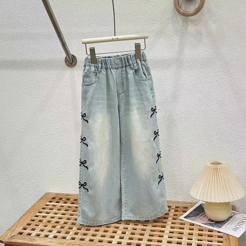 Girls Summer Thin Suit Middle and Big Children Design Short T-shirt + Wide Leg Pants Two-piece Set