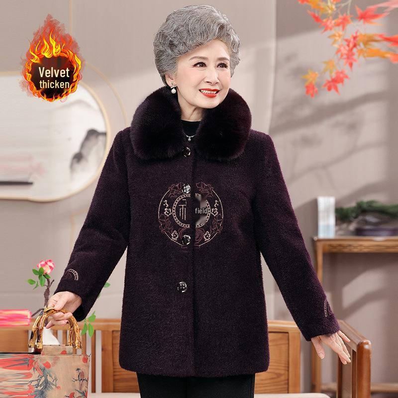 Women s Faux Mink Velvet Winter Coat with Fur Collar - Elegant Woolen Outerwear for Middle-Aged and Elderly 5XL