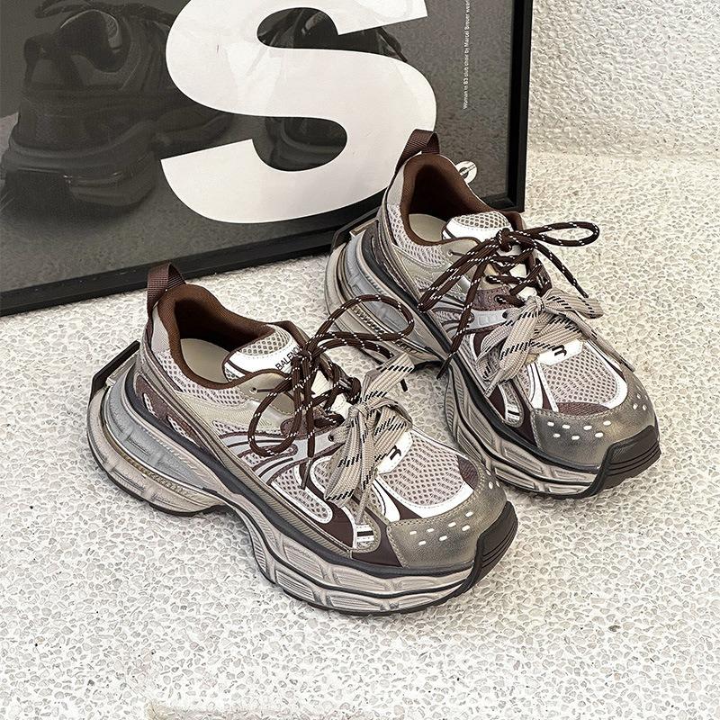 Leather dad shoes women's thick soles increase in height, small people show long legs, sports shoes 2025 spring breathable casual jogging shoes