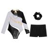 Girls Gymnastics Outfit Long Sleeve Rhinestone Leotard Cutout Back Patchwork Design with Waistband Shorts