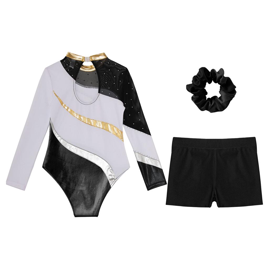Girls Gymnastics Outfit Long Sleeve Rhinestone Leotard Cutout Back Patchwork Design with Waistband Shorts