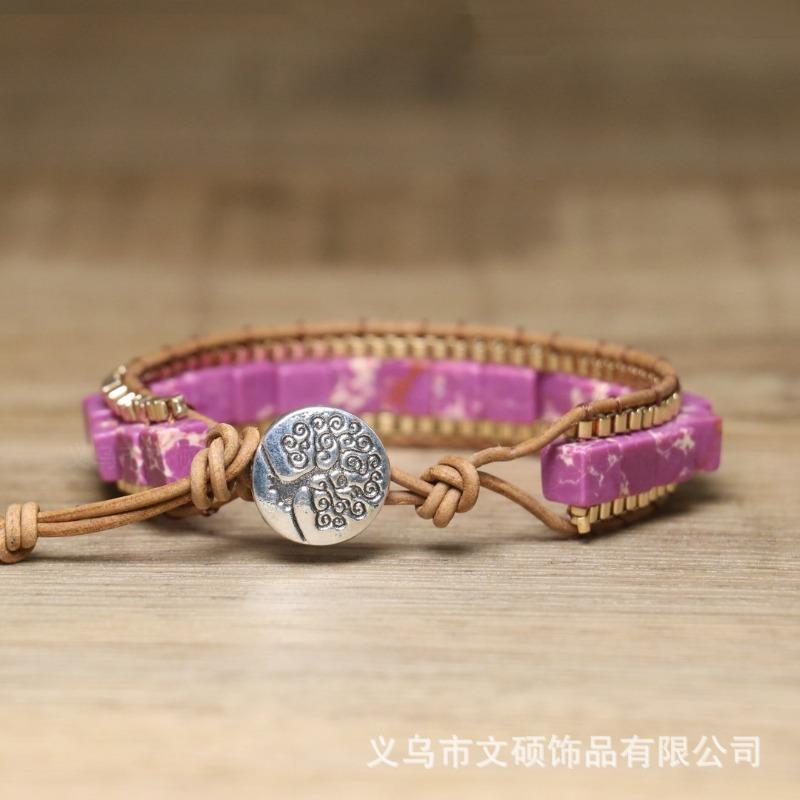 Purple Imperial Jasper Square Bead Wrap Bracelet – Gold Accent Leather Boho Jewelry, Passion Protection Gift for Women