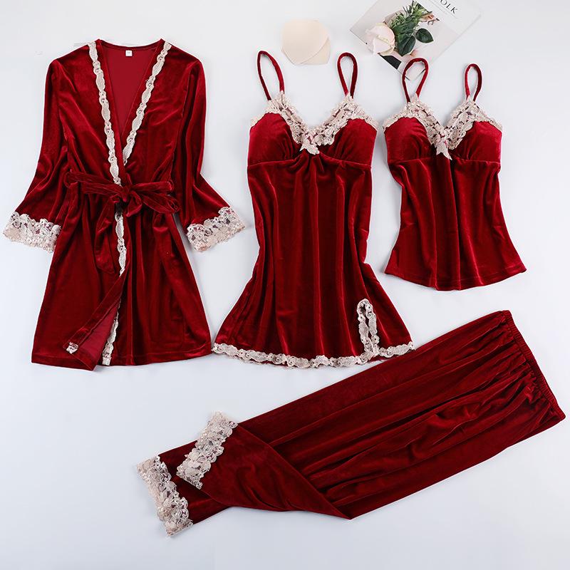 

Женский велюровый пижамный комплект из четырех предметов золотого цвета: Включает ночную сорочку на бретелях с нагрудными подушечками, топ с длинным рукавом, для носки дома или на улице. L вино красного