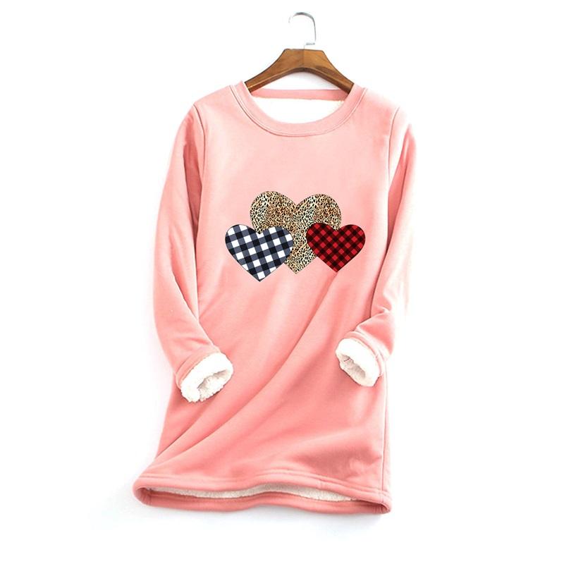Women Crew Neck Long Sleeve Sweatshirt Plaid Leopard Heart Print Casual Loose Warm Pullover Tops