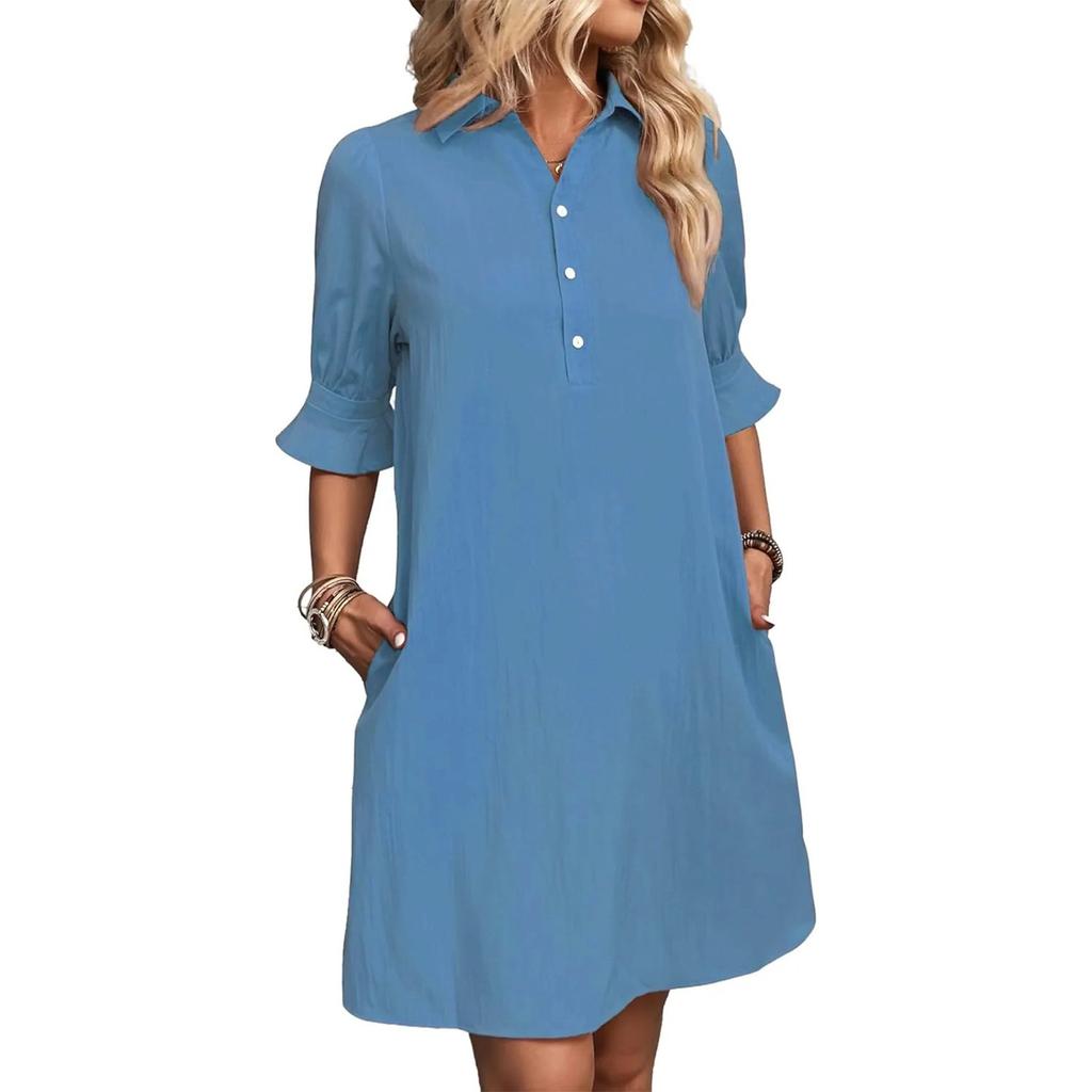 Women's Casual Fashion Summer Loose Solid Color Button Half Sleeve Dress