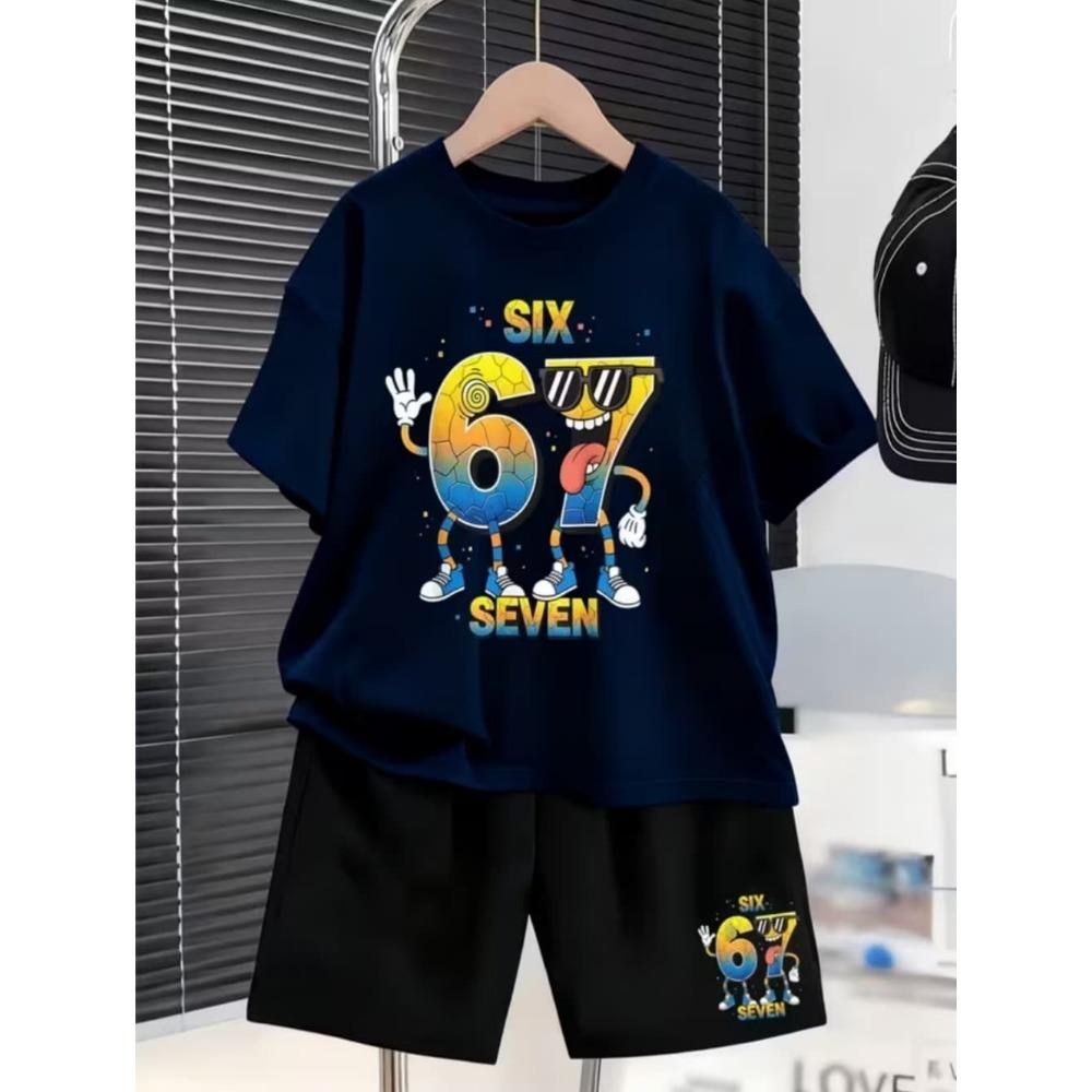 67 Number Funny Printed Men's T-shirt and Shorts 2 Piece Set Summer Home Outdoor Casual Outfit for Men's and Women's T-shirt Set
