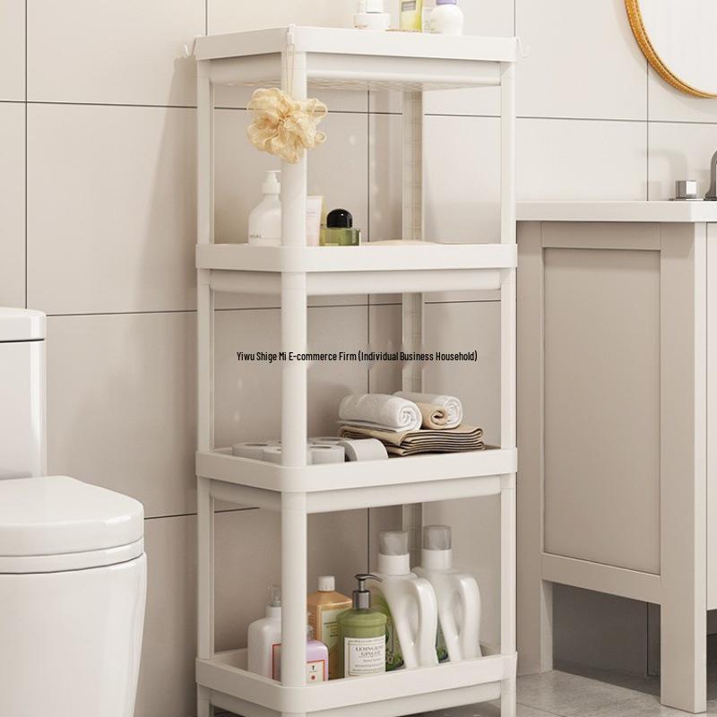 Vícepatrový koupelnový úložný vozík na kosmetiku a svačiny, stojící na podlaze