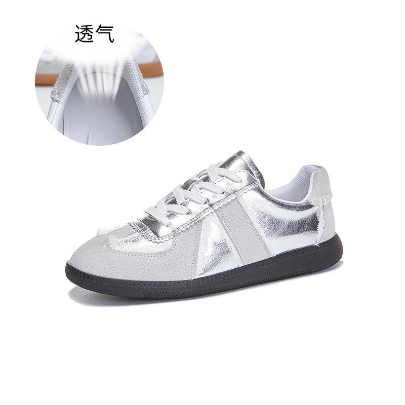 

Обувь Dexun из натуральной кожи, новинка 2025 года, туфли на плоской подошве, женские туфли с кружевным краем Forrest Gump, повседневные универсальные белые туфли для женщин 40 серебряный