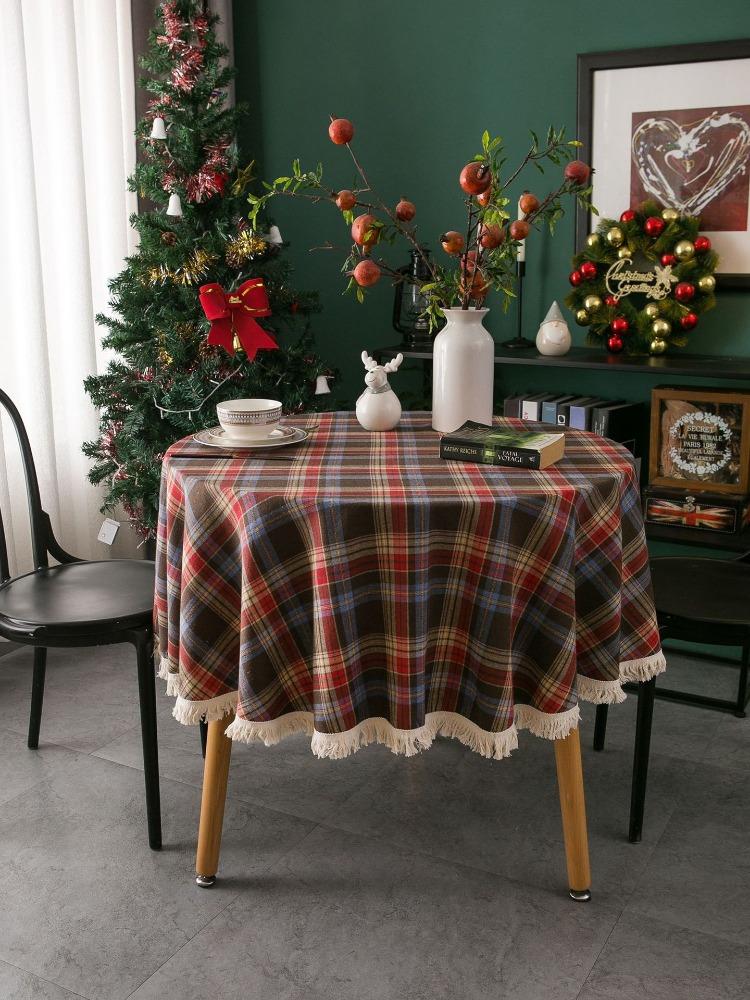 Tablecloth Plaid Christmas Day Table Cloth American Cloth, Round Tassel Suitable for Holiday Dining Rooms, Living Rooms, Family Gatherings