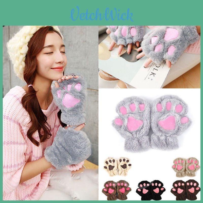 Cute Cat Paw Gloves Winter Warm Touchscreen Half Finger Mittens For Girls