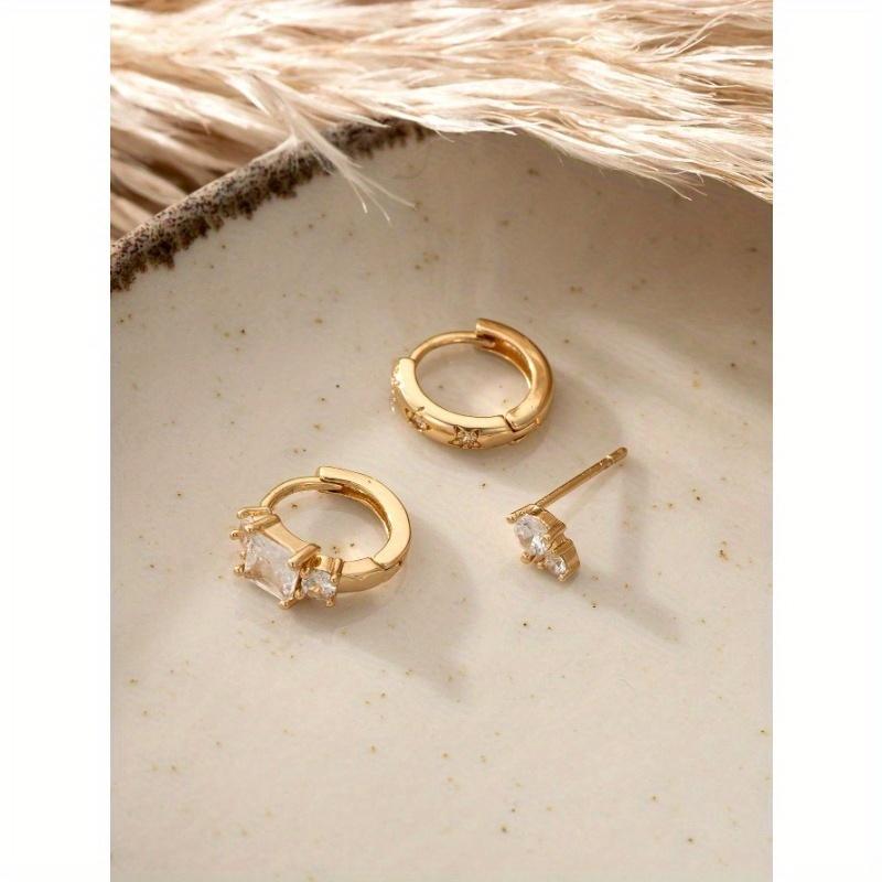 3pcs/Set Elegant Cubic Zirconia Cross Stud & Dangle Earrings Set, Copper Hoops, Everyday Casual Accessories, Holiday Gift For Women