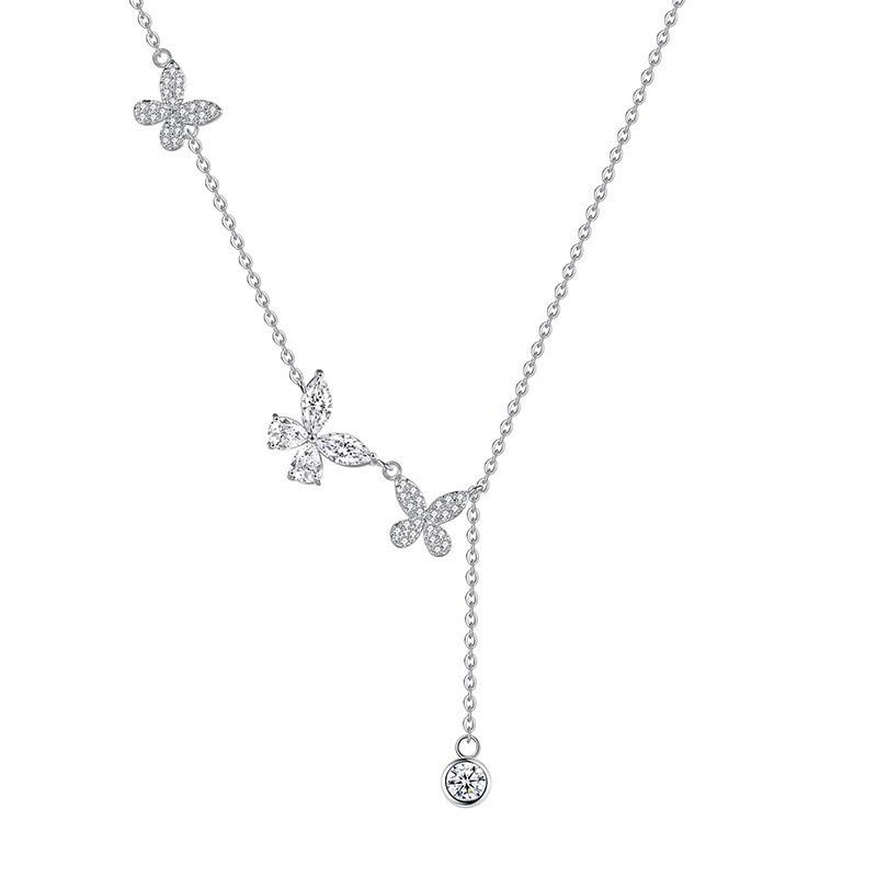 Sterling Silver Butterfly & Zirconia Tassel Necklace - Light Luxury Clavicle Chain for Women Pure Silver