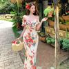 French one-word shoulder floral suspender dress women's summer seaside vacation temperament waist slim ruffle edge dress