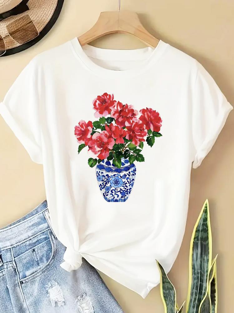 (Asian Size) T Shirt lovely flower style Fashion Women Tee Top Clothing Casual Printed Lady Female Graphic  Short Sleeve T-shirts