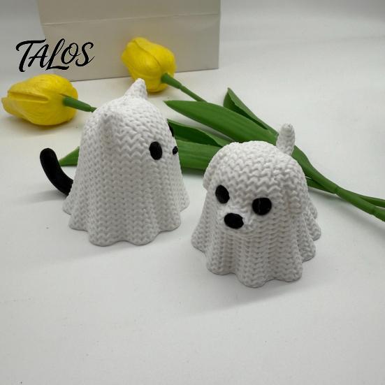 Talos 3D Printed Ghost Dog/Cat Figurine Ornaments, Knitted Texture Halloween Animal Decorations, Small Cute Puppy/Kitten Gifts for Home Desk Display