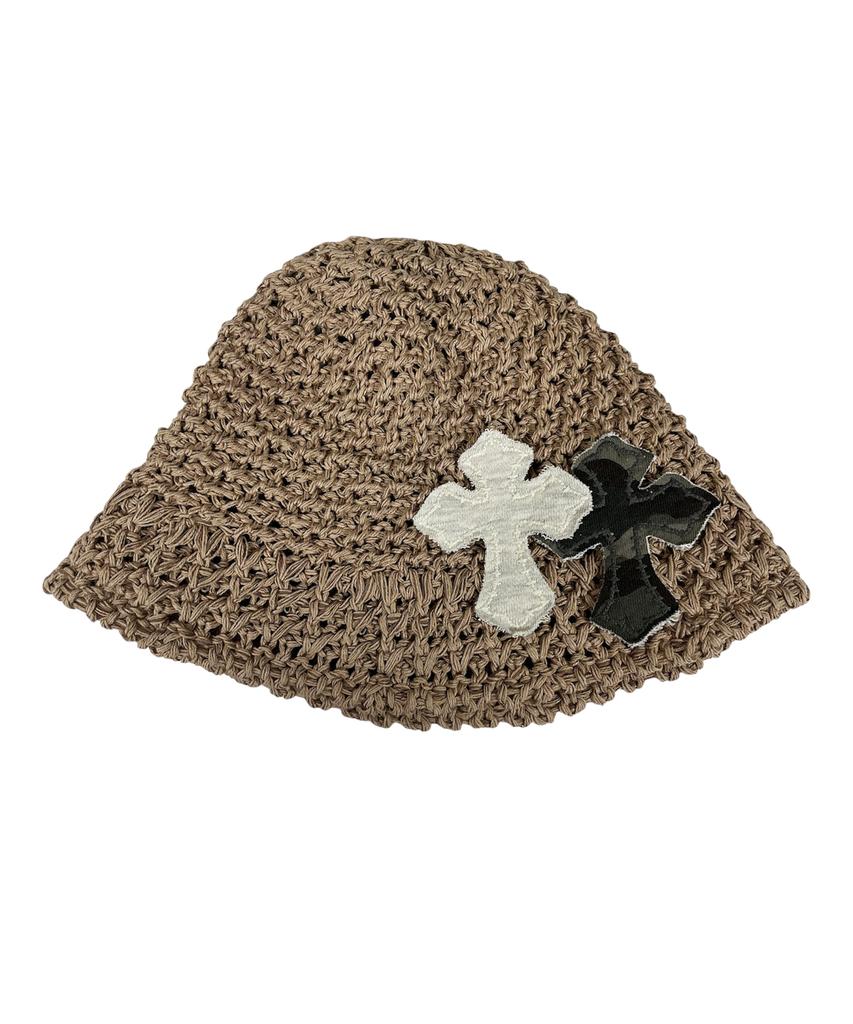 SK8ER ROCK Cross Knit Bucket Hat ((Beige))