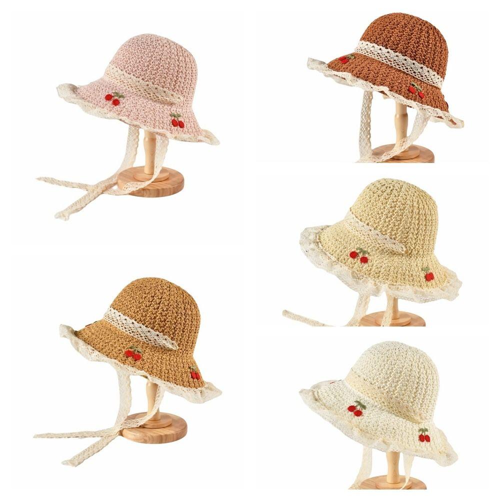 Cappello da Pescatore in Paglia Ricamato con Ciliegie Cappello a Secchiello Intrecciato all'Uncinetto Cappello da Sole Unico per Donna