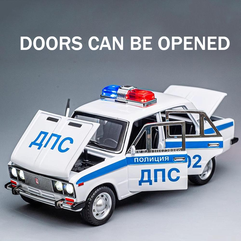 1:24 Lada 2106 Police Car Model Toy Metal Diecast Vintage Cars Sound Light Doors Opened Pull Back Simulation Vehicles Kids Gifts