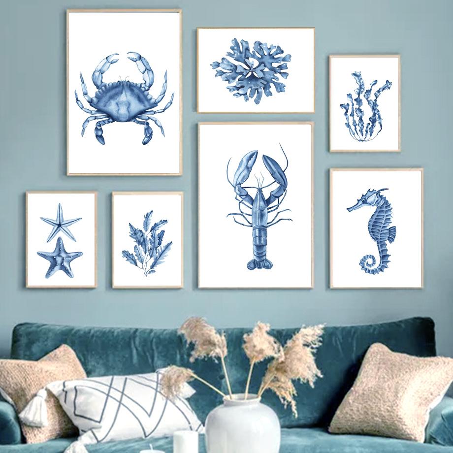 Marineblaue Koralle, Algen, Muschel, Seepferdchen, Hummer, Krabbe, Seestern, Poster, Wandkunst, Druck, Leinwand, Malerei, Dekor, Bilder für Wohnzimmer