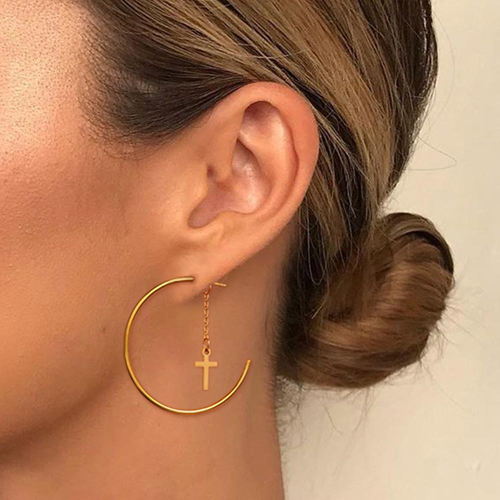 Stainless Steel Earrings C-shape Punk Cross Pendant Classic Fashion Personality Dangle Earrings For Women Zircon Banquet Gifts