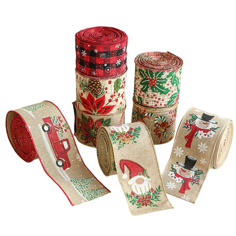 1Roll Imitation Hemp Ribbon Christmas Tree Ribbons Xmas Wreath Garland Bowknot Ribbon Roll Linen Lattice Ribbon Noel Navidad