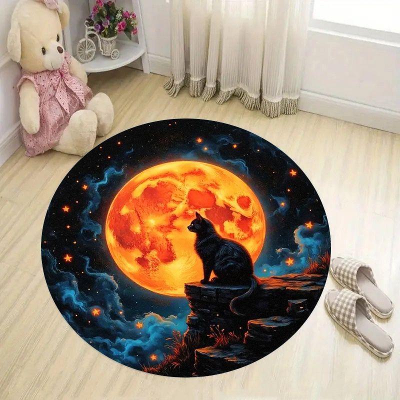 Cat Silhouette Orange Moon Night Sky Round Rug Flannel Cosmic Fantasy Floor Mat Pet Lover Gift Bedroom Decor Dreamy Atmosphere