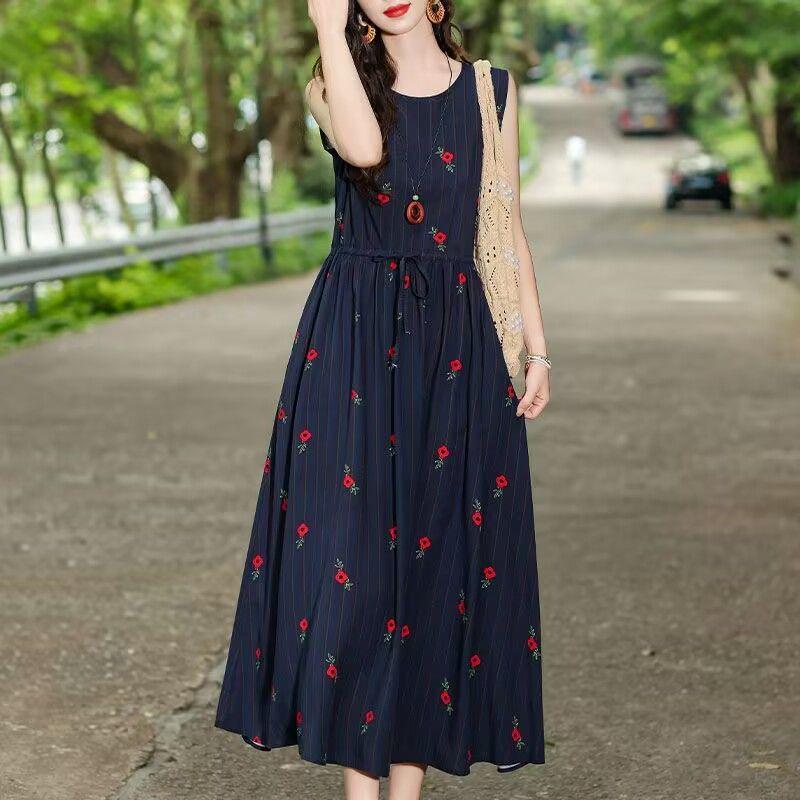 New Summer Floral Cotton-Silk Sleeveless Dress - Plus Size, Loose Fit, Slimming, Vacation Style Mom’s Long Dress