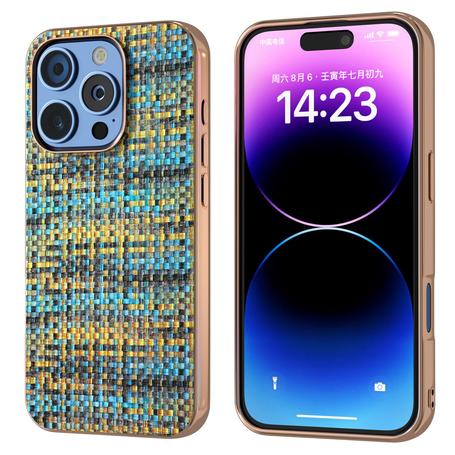 

For iPhone 16 Pro Case Electroplating Edge Plaid Texture PU Leather+PC+TPU Phone Cover Gold