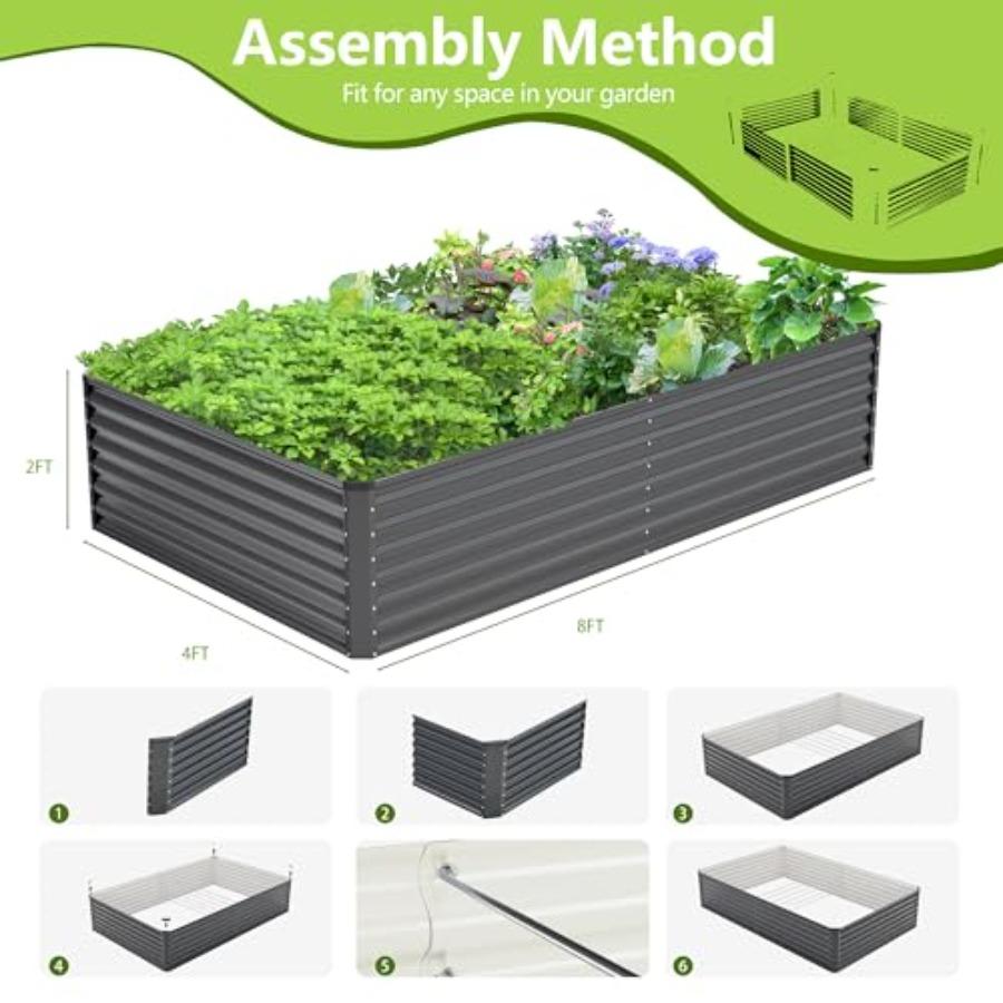 8x4x2FT Galvanized Raised Garden Bed Outdoor Metal Planter Boxes for Vegetables Grey Large Garden Beds with Rust-Resistant Coat