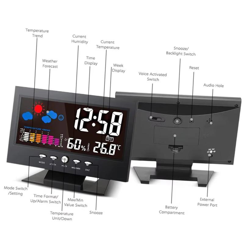2026 Hot Weather Forecast LED Color Screen Desk Clock Voice Control Digital Thermometer Calendar Desk Alarm Clock