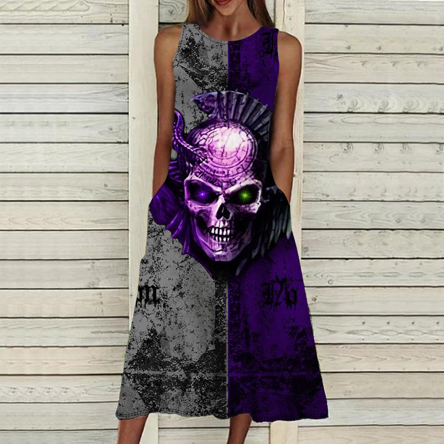 Moda de vară Rochie sexy fără mâneci Moale Casual Rochie cu imprimeu schelet întunecat Rochie fără mâneci Rochie cu bretele de vară